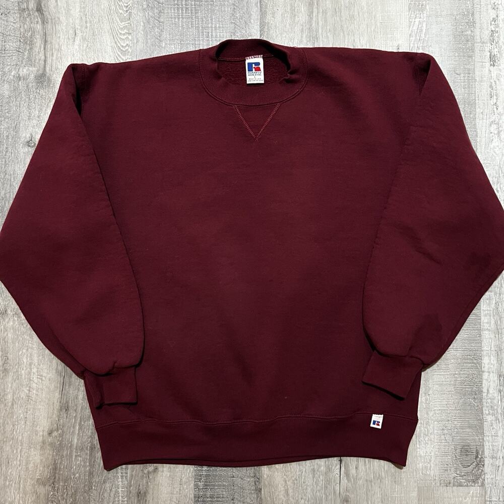 Vintage 90s Russell Athletic Heavyweight Blank Crewneck Sweatshirt Burgundy Sz L
